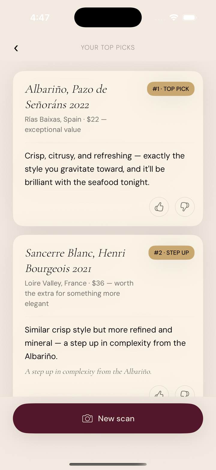 PickMyWine showing three ranked shop picks — a top pick, a step up, and a stretch — each with a personalised reason.